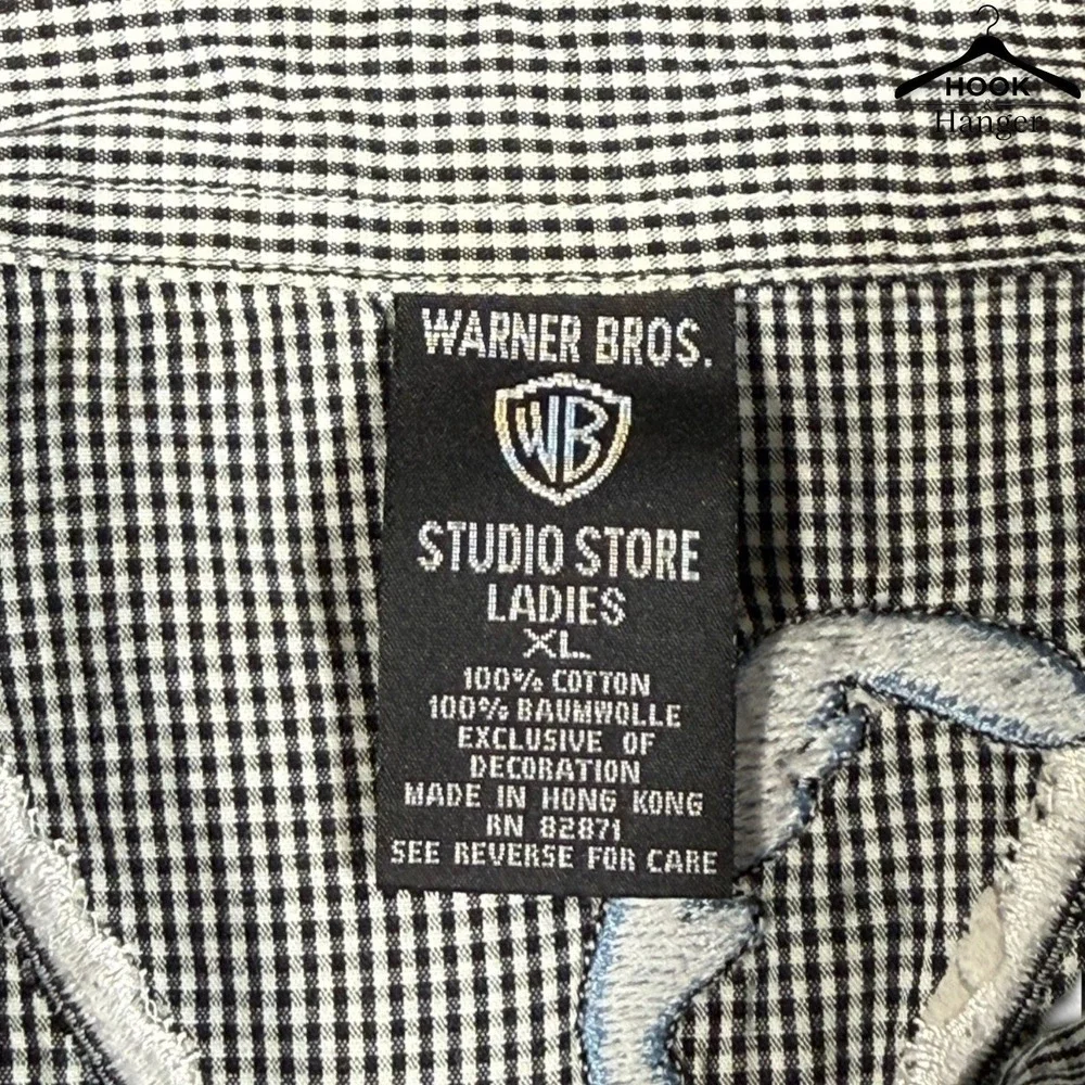 Vintage Warner Bros Looney Tunes Shirt XL Black White Gingham 90s Faux Suspender - Picture 10 of 13